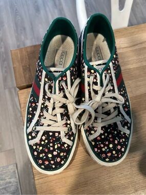 Gucci Black Floral Canvas Sneakers with Green & Red Web